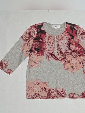Rebecca Malone Petite PS Gray Floral Paisley Long Sleeve Henley Top Y2K